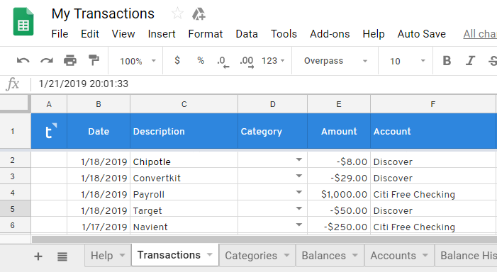 Tiller Transactions Data 2019 Automated Budget Spreadsheet