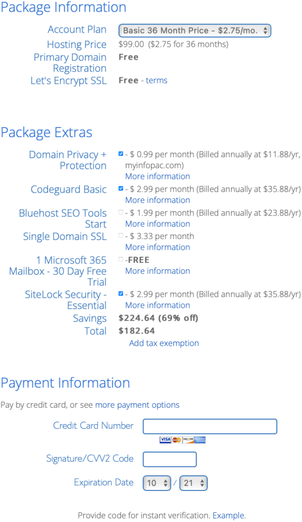 Bluehost Package Information